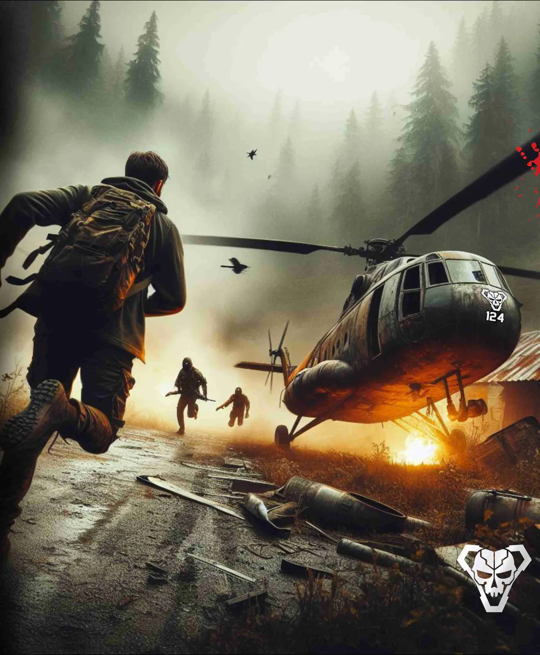 Survivors running from a crashed helicopter