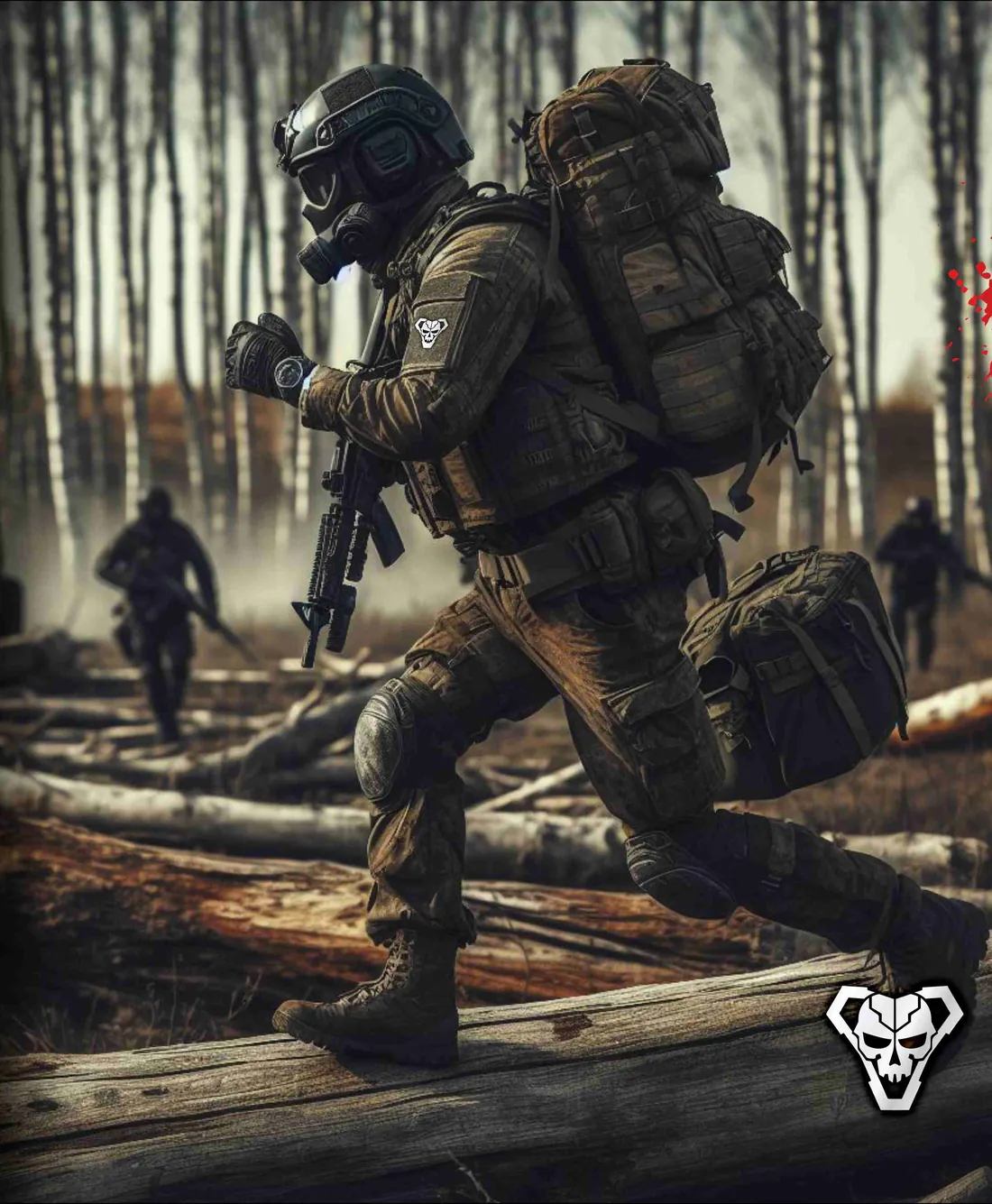 Survivor in a gas mask running through a birch forest